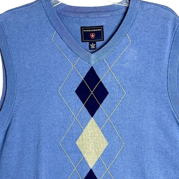 Saddlebred New Sleeveless Sweater Vest Golf Size M Pullover Cotton Blue Argyle - Picture 2 of 11